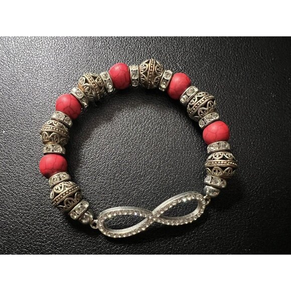 Silver Gold & Red Beaded Stretchy Bracelet with Sparkly Infinity Charm - Picture 4 of 6